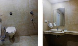 two pictures of a bathroom with a toilet and a sink at FabHotel Swarnas in Vijayawāda