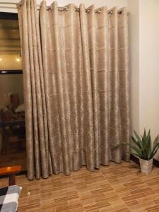 a brown curtain in a living room with a plant at Yana's Place in Donsol