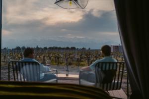 Andeluna Winery Lodge في توبونغاتو: رجلان يجلسان في كراسي ينظران إلى مزارع العنب