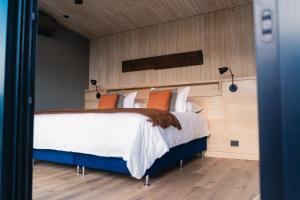 トゥプンガートにあるAndeluna Winery Lodgeのベッドルーム1室(オレンジと白の枕が備わるベッド1台付)