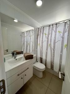 a bathroom with a toilet and a sink and a shower curtain at Departamentos en la PLAYA in La Serena