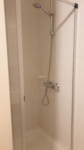 La salle de bains est pourvue d'une douche avec une porte en verre. dans l'établissement Zeemeermin, à Nieuport