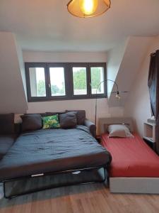 埃夫勒的住宿－Magnifique studio de charme，一间卧室配有一张床和一张红色的沙发