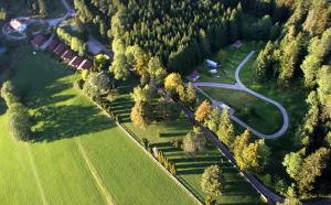 an aerial view of a park with trees and a road at Camping-Chalets La Favière in Lac des Rouges Truites