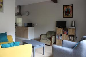 a living room with two chairs and a tv at le Fumant in Saint-Paul-en-Cornillon