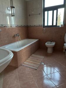 ein Bad mit einer Badewanne und einem WC in der Unterkunft Hostel Rinas in Rinas