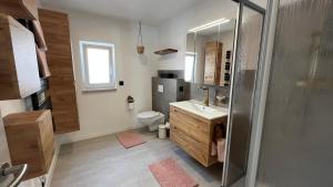 a bathroom with a toilet and a sink and a shower at Ranchhouse Bubble - Westernstable - Horse in Elterlein
