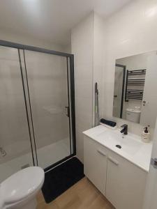 y baño con ducha, aseo y lavamanos. en Encantador apartamento completo con dos habitaciones, en Madrid