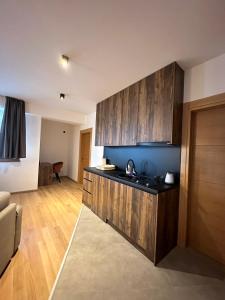 a kitchen with wooden cabinets and a counter top at Golden Mountain Apartments in Zlatibor