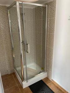 a shower in a bathroom with a glass enclosure at White&Red Apartments in Timişoara
