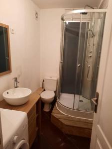 ein Badezimmer mit Dusche, Toilette und Waschbecken in der Unterkunft Agréable maison de pêcheurs avec parking gratuit. in Grand-Fort-Philippe