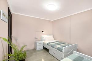 een kleine witte slaapkamer met een bed en een plant bij Guesthouse Liliia in Karakol