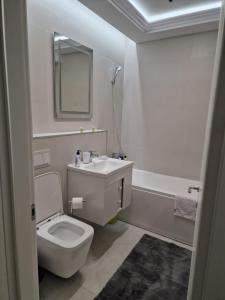 a bathroom with a toilet and a sink and a mirror at Freya Residence in Iaşi