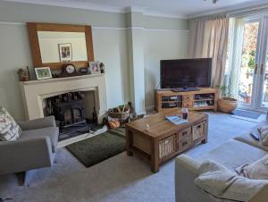 a living room with a television and a fireplace at Little Barham B&B 