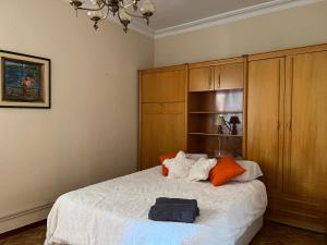 1 dormitorio con 1 cama grande y armarios de madera en Apartamento Oporto en Madrid