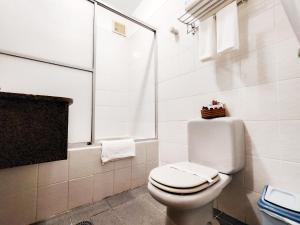 a white bathroom with a toilet and a shower at Hotel Lido in Santa Cruz de la Sierra