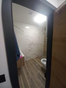 a small bathroom with a toilet and a mirror at SKYLUX apartments 7 in Jahorina