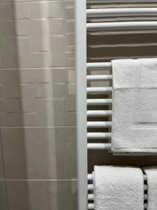 a bathroom with white towels on a towel rack at Apartamentos La Flor in San Martín de Moncayo