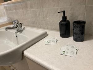a bathroom counter with a sink and a soap dispenser at Civico 14 a Bologna in Castel Maggiore +19 photos