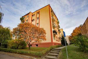 un edificio alto con un árbol delante de él en Apartament Książęcy przy Pałacu - klimatyzacja, en Żagań