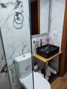 uma casa de banho branca com um lavatório e um WC em Guest House Hasko em Gjirokastër