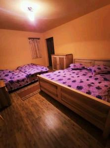 two beds in a bedroom with purple sheets at Pensiunea Trei brazi Scărișoara in Scărişoara +12 photos