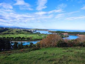 vista su un fiume alberato e su un campo di Apartamento en Mogro. a Mogro