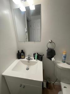 a bathroom with a sink and a mirror and a toilet at Charming One Bedroom Near Bramalea City Centre in Brampton
