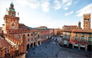 a view of a city with a clock tower at Civico 14 a Bologna in Castel Maggiore