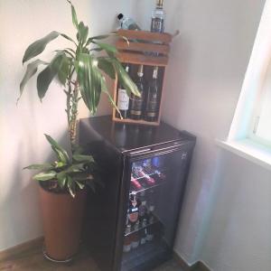 - un petit réfrigérateur noir avec une plante et des bouteilles de bière dans l'établissement 01 Stuttgart Holiday, à Stuttgart