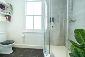 a bathroom with a shower with a toilet and a window at Stylish & Cosy 3bdr In Fulham with roof terrace in London
