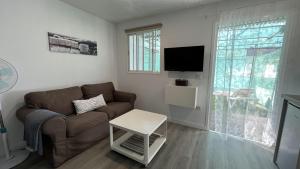 a living room with a couch and a tv at Modern Tiny Country House near Fataga & Maspalomas in Artedara