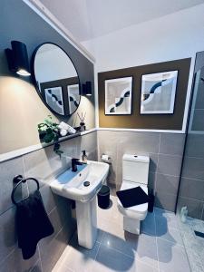 W łazience znajduje się umywalka, toaleta i lustro. w obiekcie Luxury self-contained suite. w Cardiff