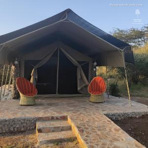 ein schwarzes Zelt mit zwei Stühlen darunter in der Unterkunft Oseki Maasai Mara Camp in Narok