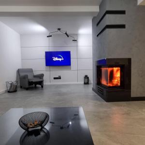 a living room with a fireplace and a chair at Premium House Osztynek in Olsztynek