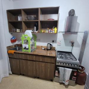 uma pequena cozinha com um fogão e um lavatório em Unity Homes G em Eldoret