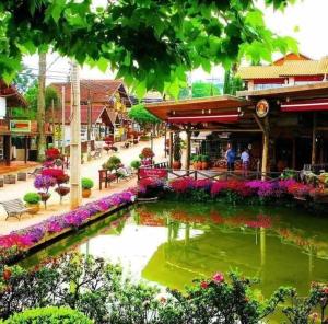 a town with a pond in the middle of a street at Martins in Extrema