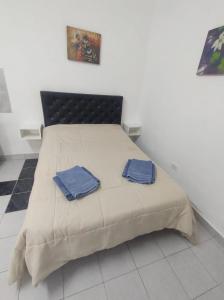 1 dormitorio con 1 cama con 2 almohadas azules en Monoambiente en Buenos Aires