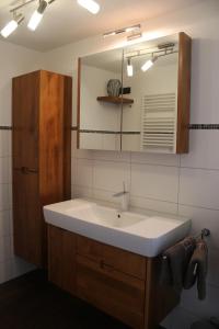 a bathroom with a sink and a mirror at Ferienhäuschen Brohlbachtal in Gamlen