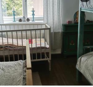 een babybedje in een kamer met een raam bij U nás Čicmany in Čičmany