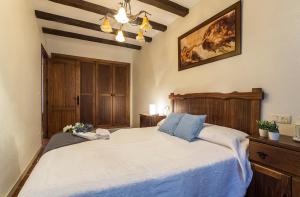 1 dormitorio con 1 cama grande con almohadas azules en Pueblos Blancos 2 Rooms Vistas, en Benaocaz