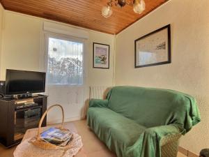 een woonkamer met een groene bank en een televisie bij Maison d'Ys à 500 m de la plage in Saint-Nic