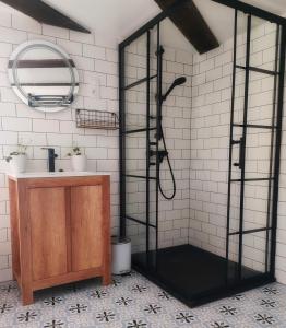 a bathroom with a shower and a sink at Wieża Gniezno Apartament KRÓL in Gniezno