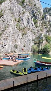 a group of boats in the water near a mountain at Relax in Apartment Stela in Skopje