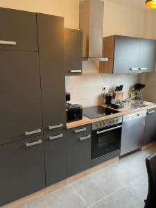 eine Küche mit Küchengeräten aus Edelstahl und braunen Schränken in der Unterkunft Paris3 in Oberhausen