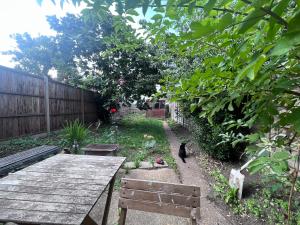 a black cat walking through a garden with a wooden table at Relaxing&Cozy Room in London