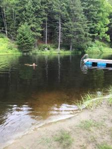 The Hunter Cabin at Sky Hollow في Rochester: شخص يسبح في بحيرة مع قارب