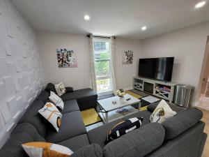 ein Wohnzimmer mit Sofa und Fernseher in der Unterkunft Contemporary bliss-newly renovated cozy villa! in Hilton Head Island