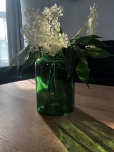 a green vase with flowers in it on a table at Wieża Gniezno Apartament KRÓLOWA in Gniezno