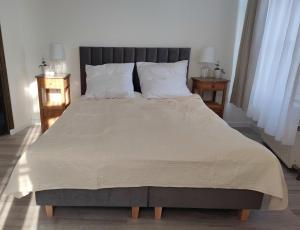 a large bed in a bedroom with two night stands at Wieża Gniezno Apartament KRÓLOWA in Gniezno